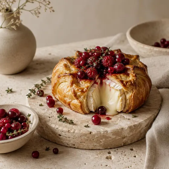 Queijo brie envolto em massa folhada, coberto com frutas vermelhas