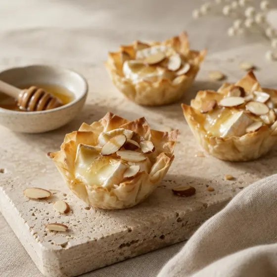 Cestinha de massa filo com brie, mel e amêndoas