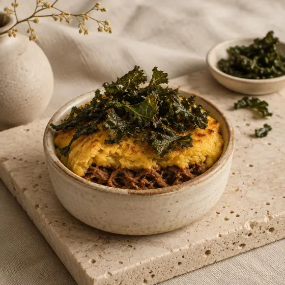 Escondidinho de carne-seca com banana-da-terra e couve crispy