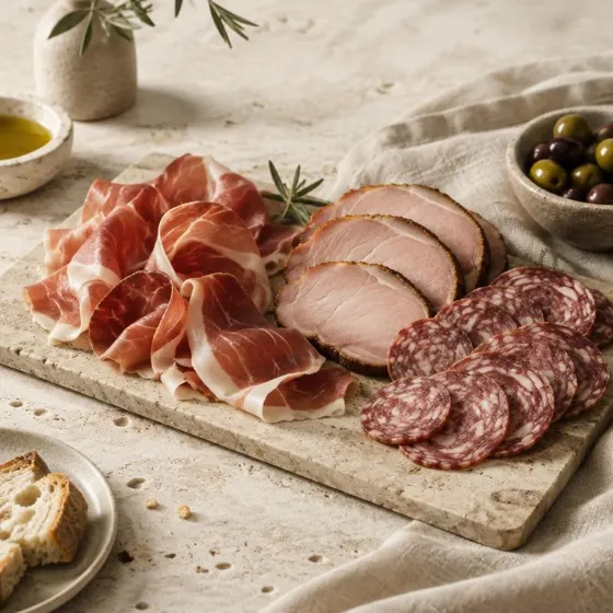 Presunto de Parma, lombo defumado e salame
