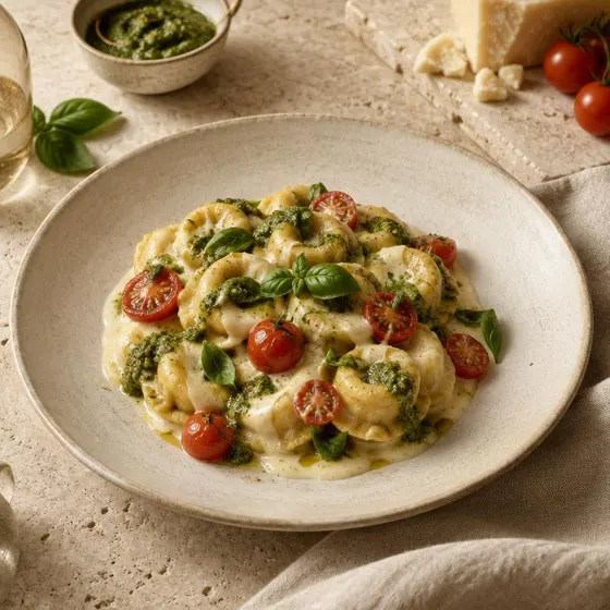 Manicaretti caprese com fonduta de queijo e pesto clássico