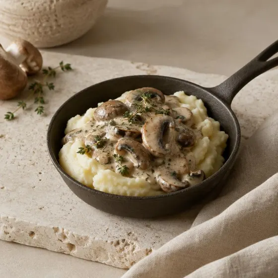 Panelinha com purê de batatas e creme de cogumelos frescos