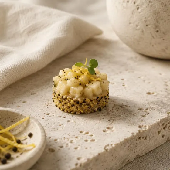 Tartare de banana com crosta de lemon pepper