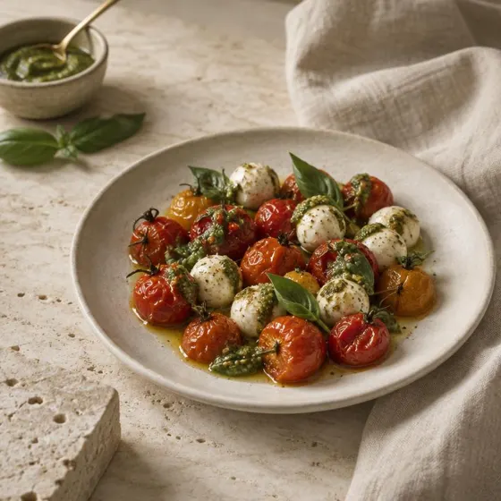 Tomates assados com minimuçarela de búfala e pesto