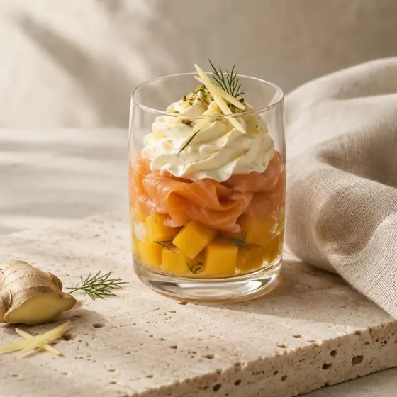 Verrine de salmão defumado com manga e chantilly de gengibre